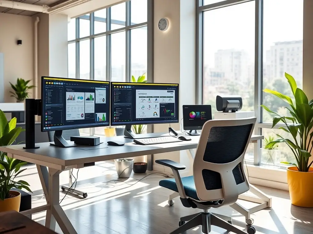 Modern office setup with multiple screens showing automation software.