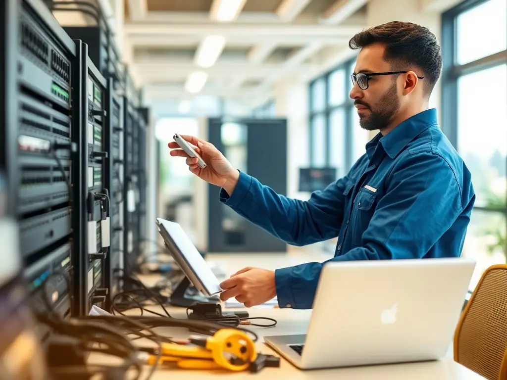 Technician setting up a secure Wi-Fi network in a corporate office.