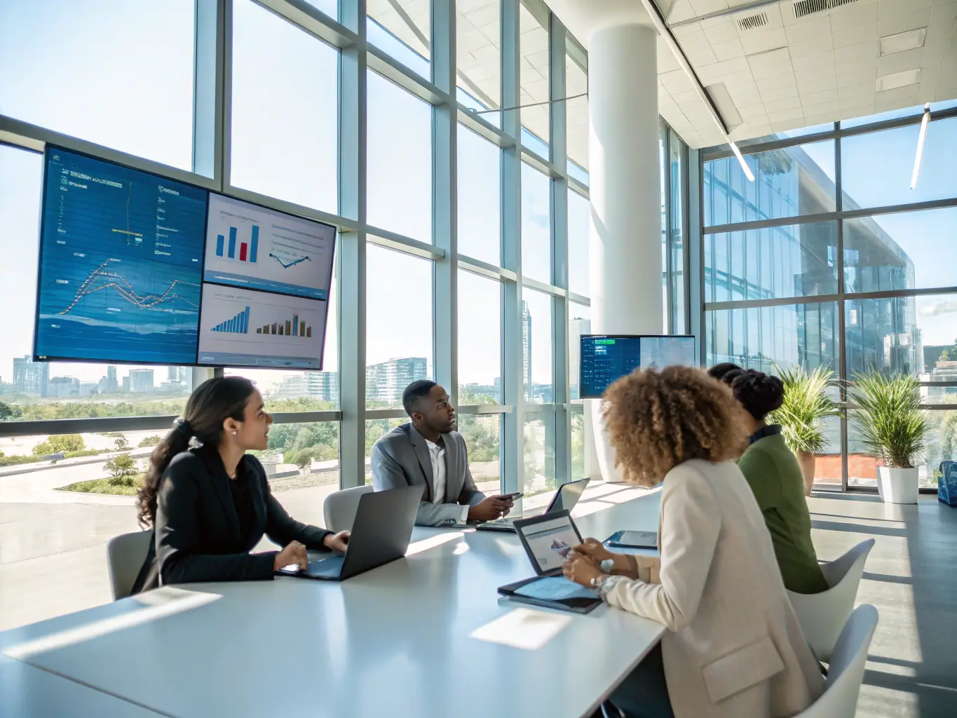 A vibrant image showcasing a diverse team collaborating seamlessly within the Microsoft Teams interface, highlighting features like chat, video conferencing, and file sharing. The setting is a modern, well-lit office space, emphasizing productivity and teamwork.